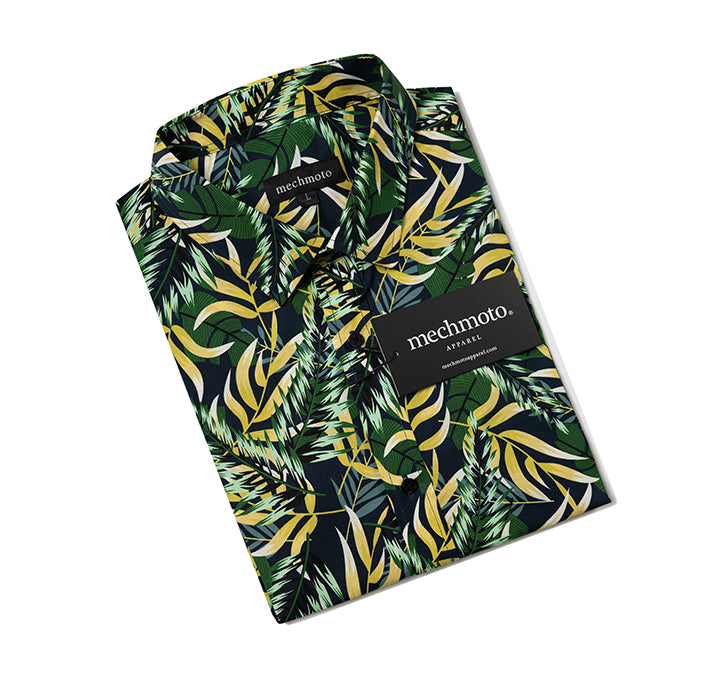 S/S cotton stretch shirt with tropical leaf print