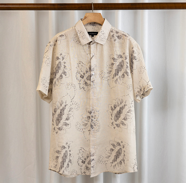 Linen broken floral S/S shirt back box pleat