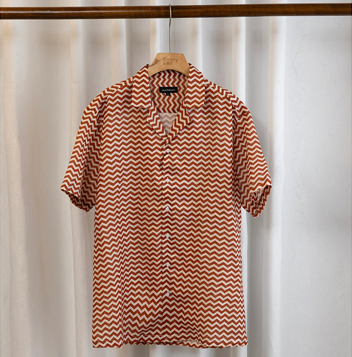 Linen S/S shirt with zig zag design , Johnny collar