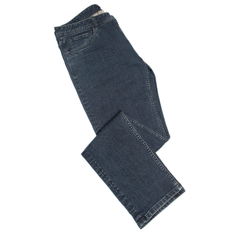 Stretch 5 pocket denim jean with leather patch : NAVY