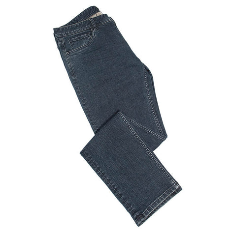 Stretch 5 pocket denim jean with leather patch : NAVY