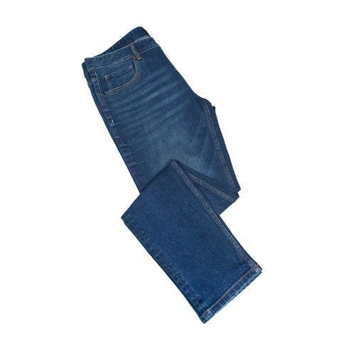 Stretch 5 pocket denim jean with leather patch: BLUE