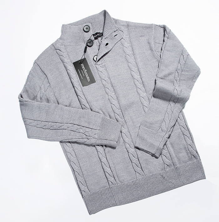 Merino blend 3 button knit with cable detail : Grey