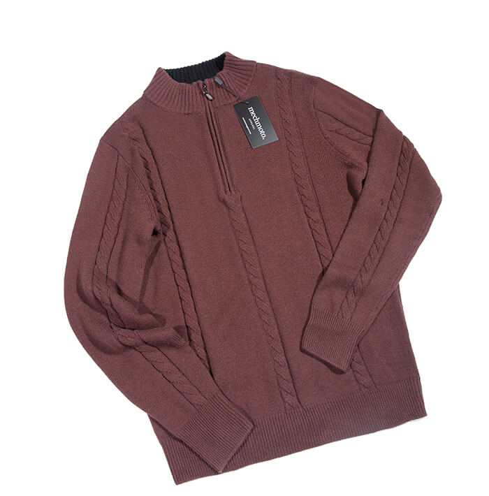 Merino 1/4 zyp cable knit: Mocca