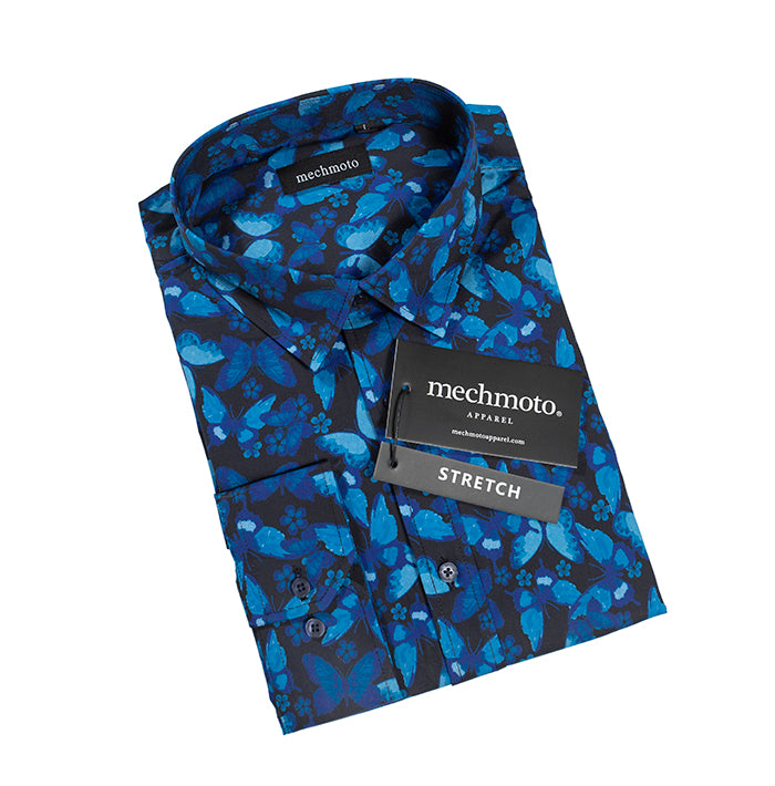 Stretch buttefly print shirt with back darts : BLUE