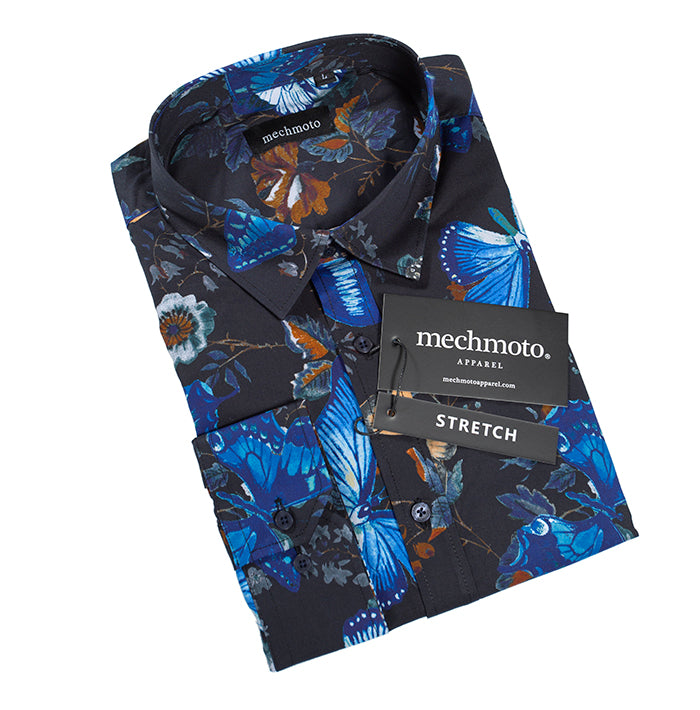 Stretch buttefly print shirt with back darts : MULTI