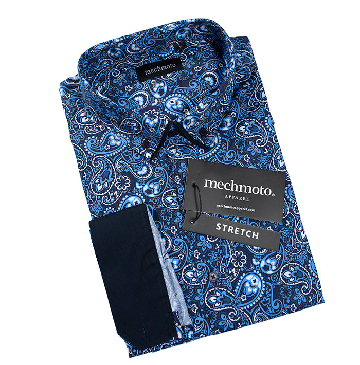 Paisley stretch shirt with double button collar contrast in cuffs : BLUE