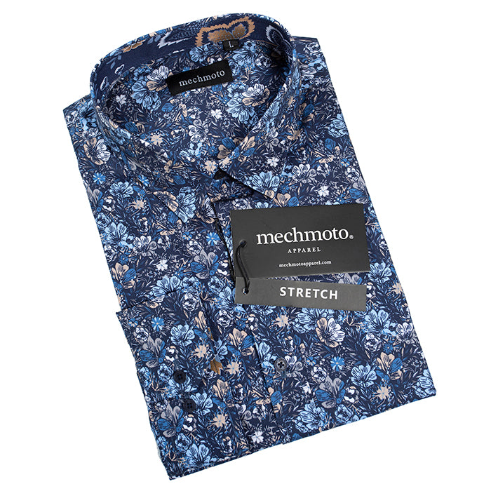 Stretch floral shirt with contrast floral in collar and cuffs : NAVY