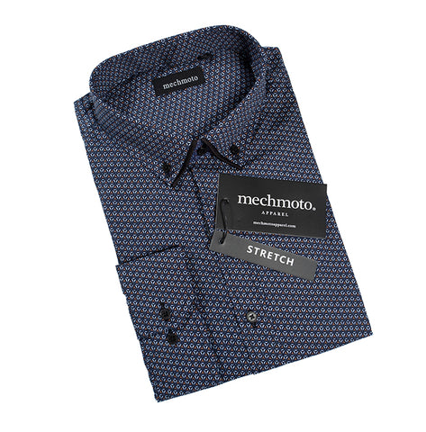 Stretch geo print shirt with double button down collar : BLACK