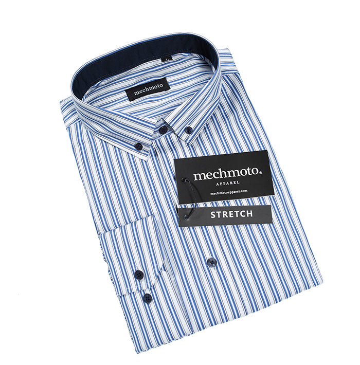 Stretch stripe shirt with button down collar and chest pocket to be included : BLUE