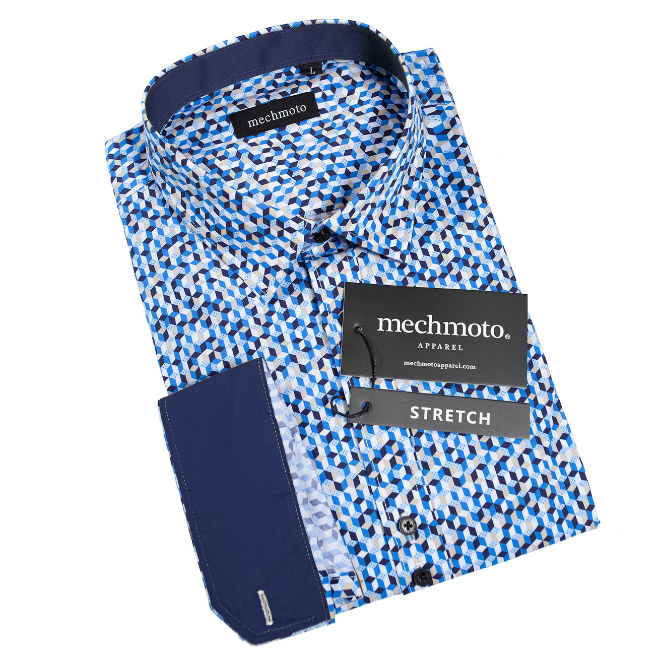 Stretch check print with cotrast in collar and cuffs : BLUE