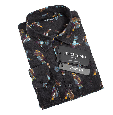 Cord bird print shirt with chest pocket : BLACK