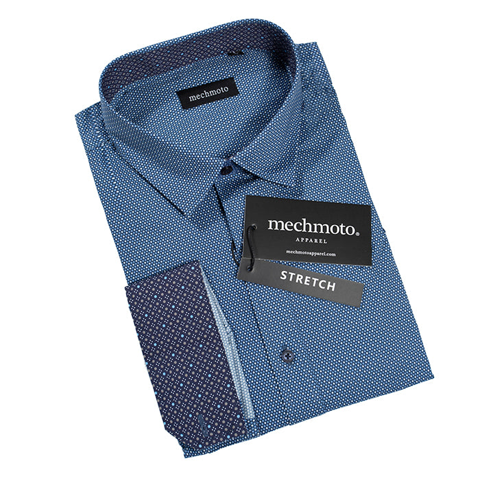 Mini spot print stretch shirt with spot controast on cuff and collar : BLUE
